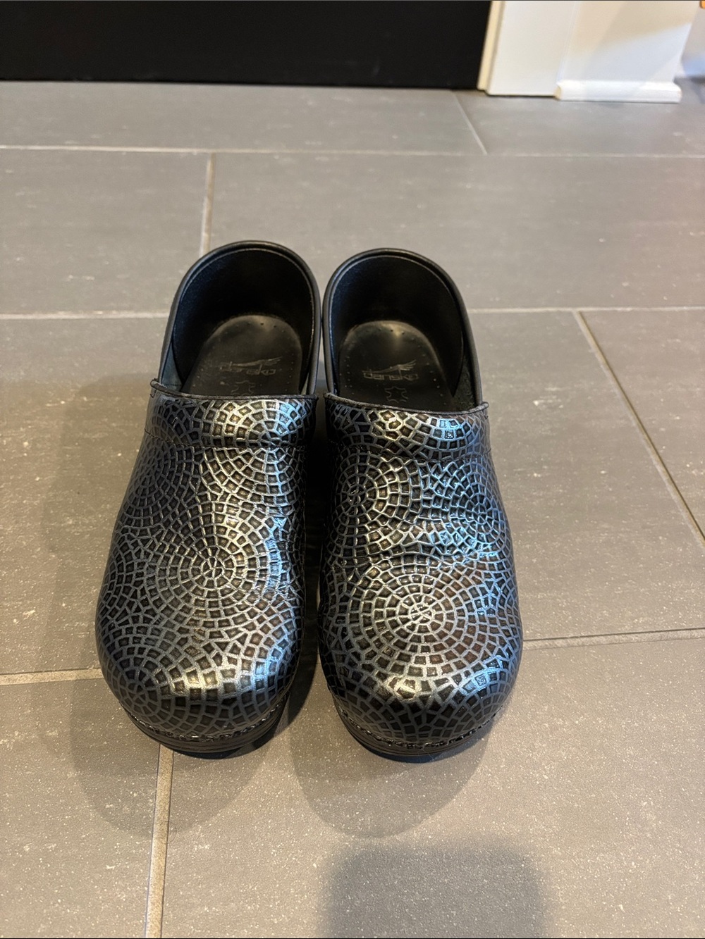 Black Patterned Slip-On Clogs for Women
